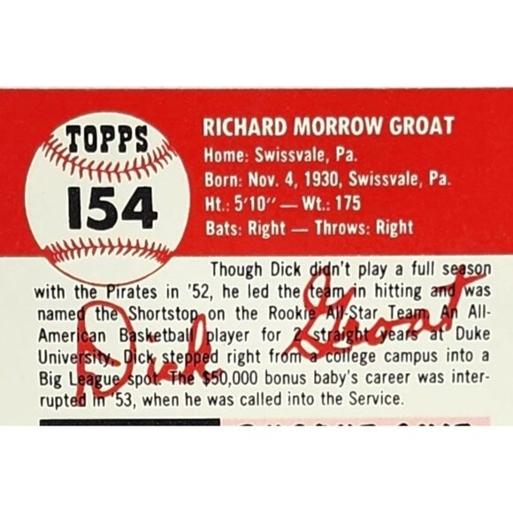 Dick Groat Pittsburgh Pirates Reprint Archives1953 Topps Baseball Card - Vintage - Picture 4 of 5